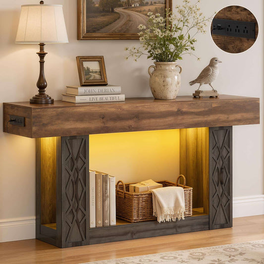 63" Farmhouse Console Table - with Outlets, LED Lights & 2-Tier Storage, Unique Geometric Pattern Sofa Table for Living Room, Hallway, Foyer