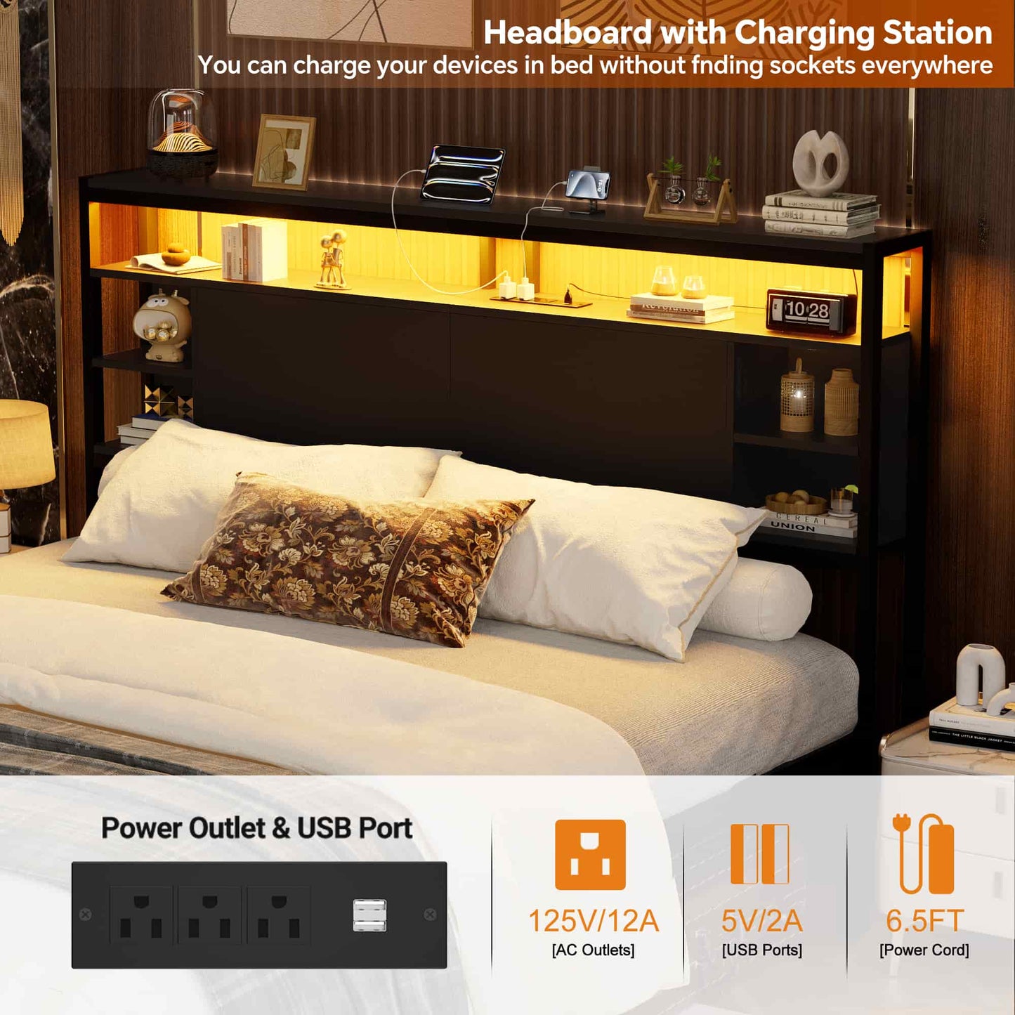 Queen Headboard with Storage, Headboards with Power Outlets and Smart LED Light, Sturdy Head Board for Queen Size Bed