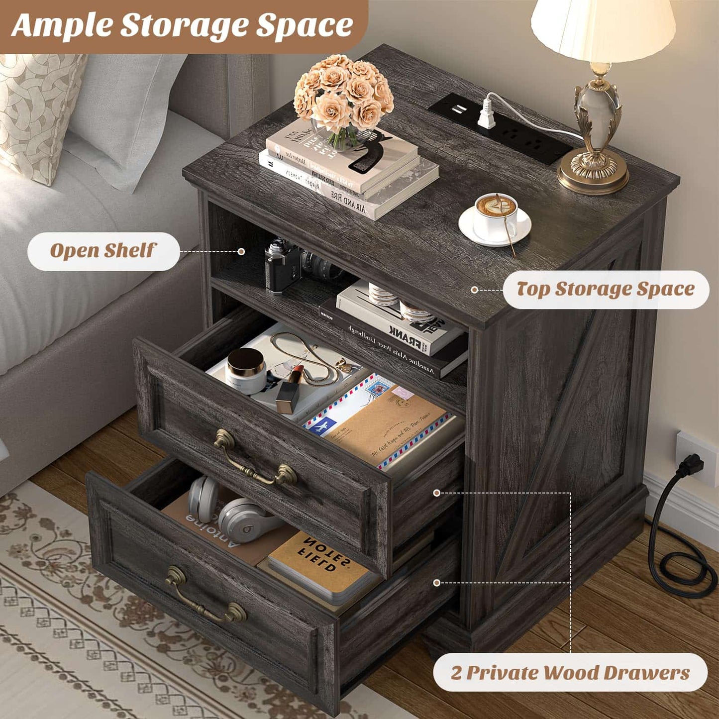 Nightstand with Charging Station -2 USB Ports, 3 AC Outlets, Farmhouse Rustic Wood End Table with 2 Drawers & Open Shelf