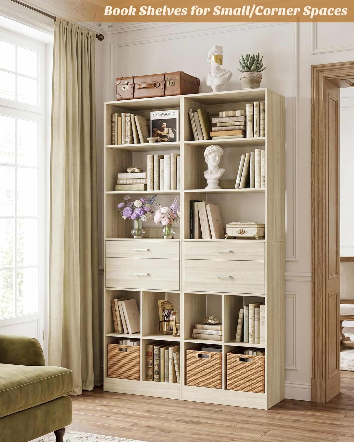 Tall Vertical Closet System, 18.9" Width Freestanding Wardrobe Storage Unit with Adjustable Shelves & Smooth-Glide Drawers