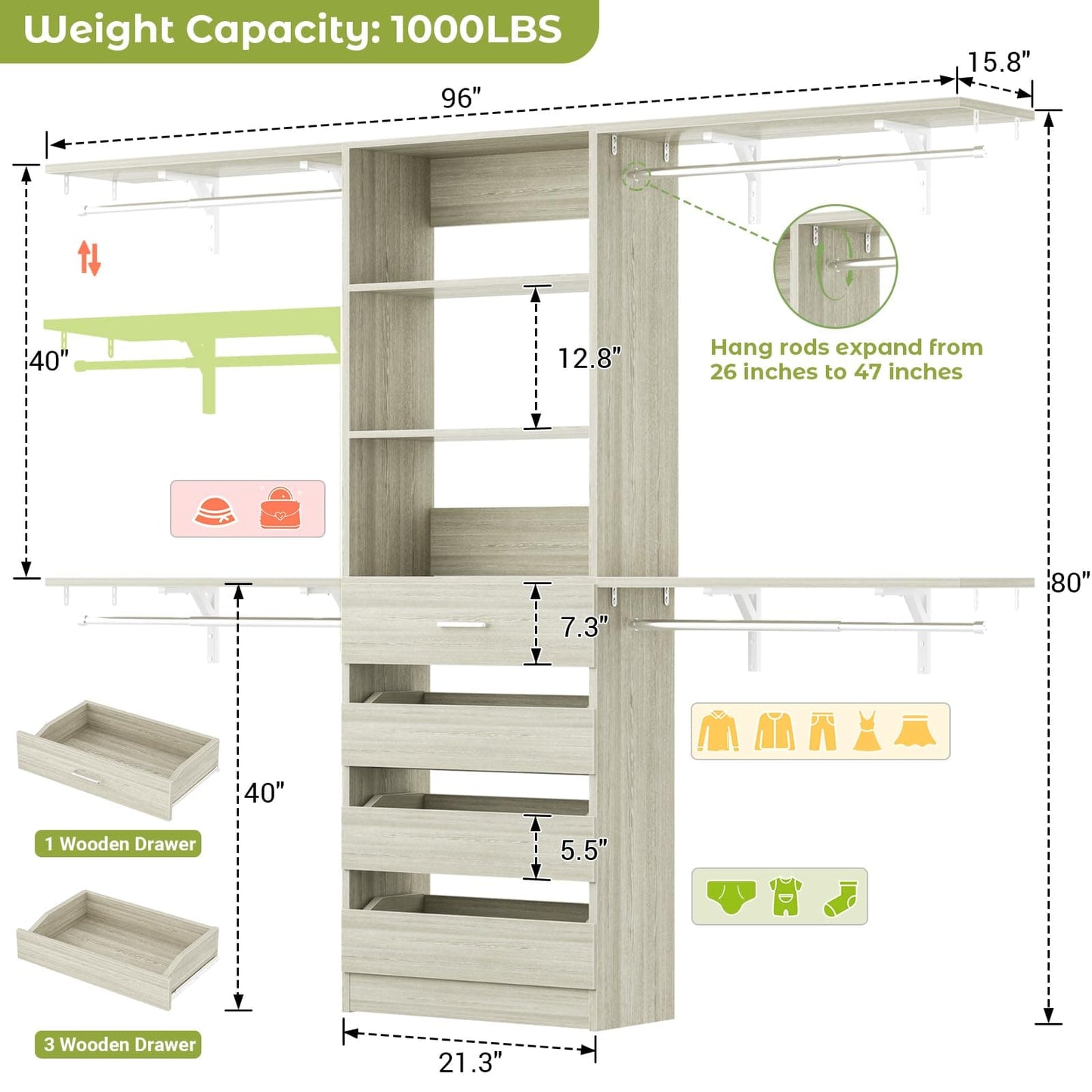Closet System, 8FT Closet Organizer with 4 Wooden Drawers, Wood Closet Organizer System with Tower, Walk-in Closet Organizer Wardrobe