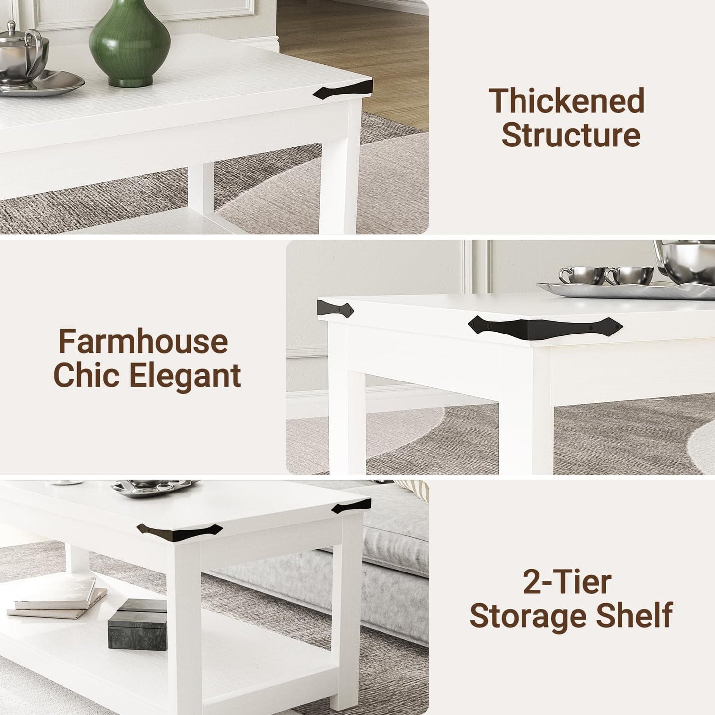 43.3” Farmhouse Wood Coffee Table with Storage Shelf, Modern Center Table for Living Room