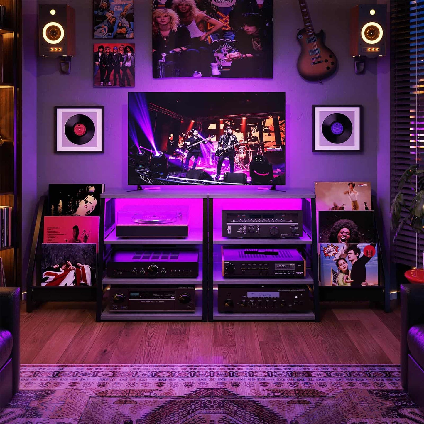 4-Tier Media Stand with Vinyl Storage, Power Outlets & LED Lights