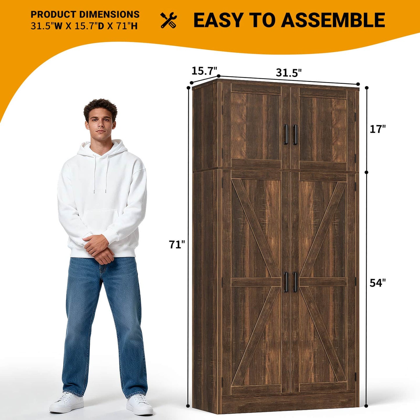 Farmhouse Kitchen Pantry Storage Cabinet with Adjustable Shelves and Barn Doors
