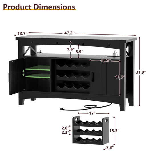 Farmhouse Coffee Bar Cabinet with Charging Station, LED Lights & Movable Wine Rack