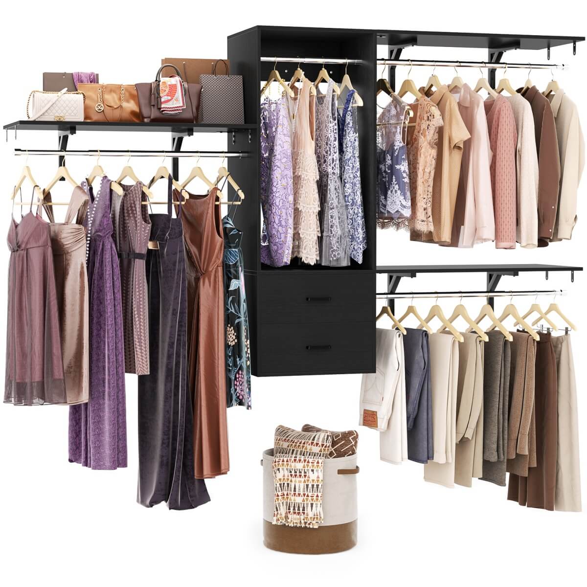 20" - 96" Wall Mounted Closet System with 2 Drawers, 3 Shelf Towers, and 4 Hanging Rods