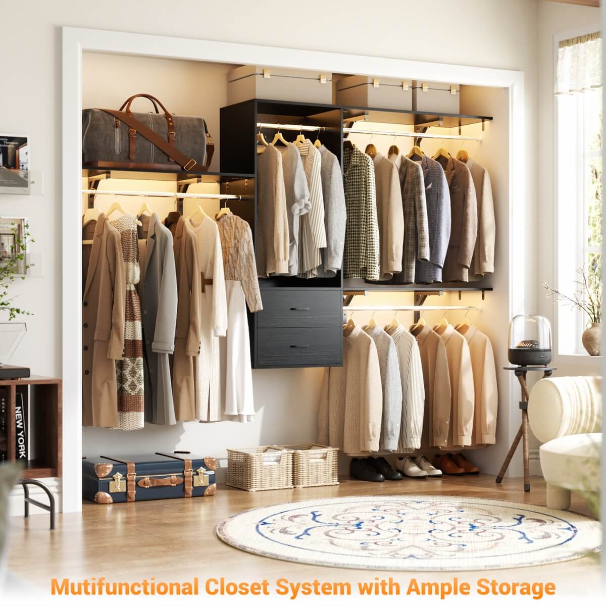 20" - 96" Wall Mounted Closet System with 2 Drawers, 3 Shelf Towers, and 4 Hanging Rods