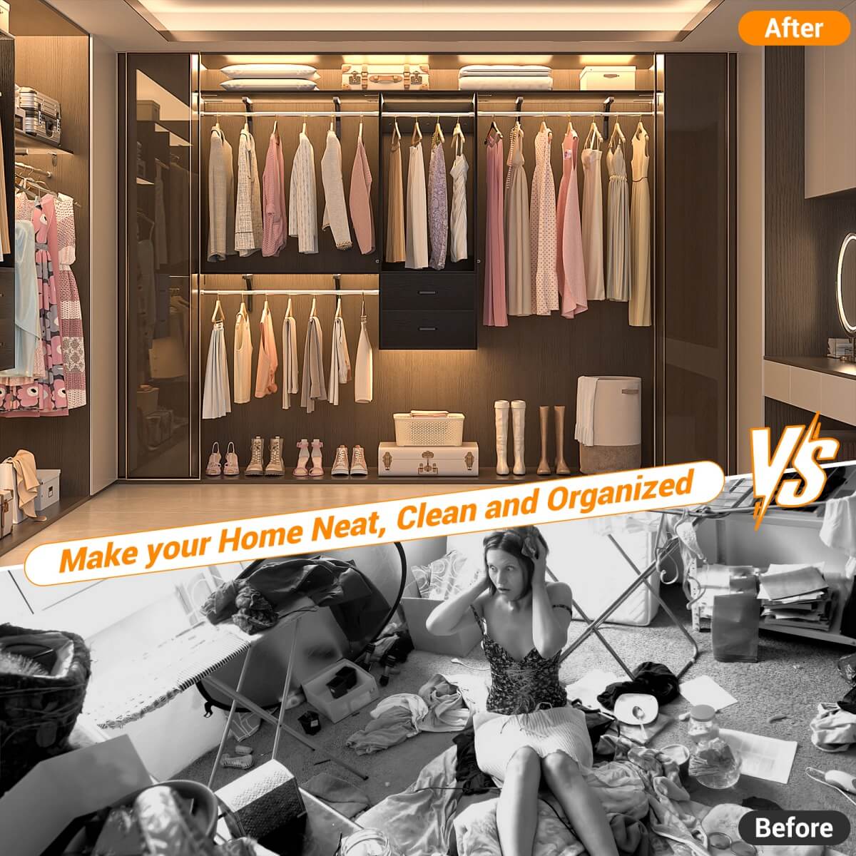 20" - 96" Wall Mounted Closet System with 2 Drawers, 3 Shelf Towers, and 4 Hanging Rods