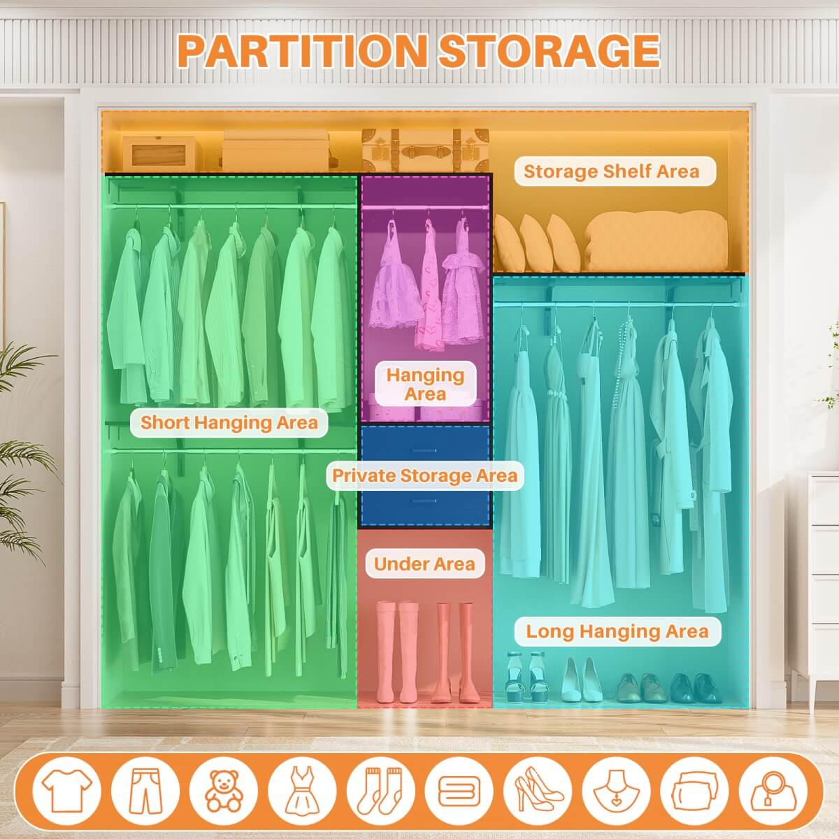 20" - 96" Wall Mounted Closet System with 2 Drawers, 3 Shelf Towers, and 4 Hanging Rods