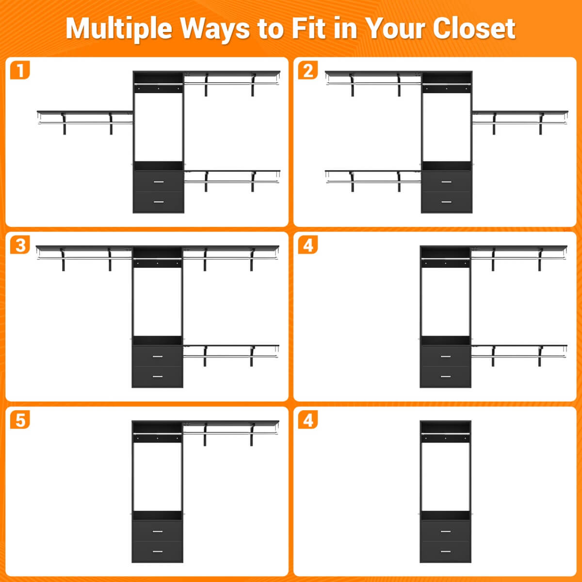 20" - 96" Wall Mounted Closet System with 2 Drawers, 3 Shelf Towers, and 4 Hanging Rods