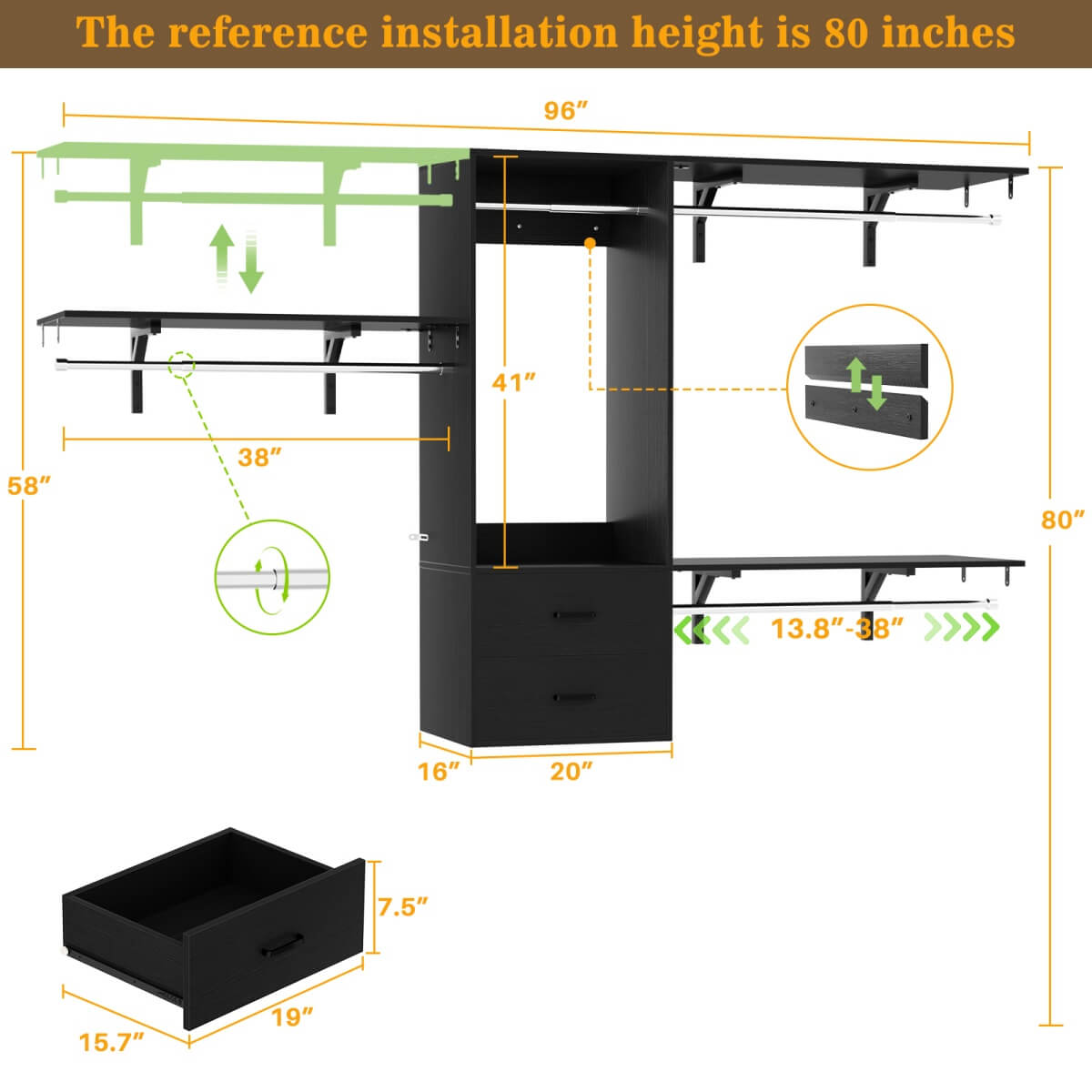 20" - 96" Wall Mounted Closet System with 2 Drawers, 3 Shelf Towers, and 4 Hanging Rods
