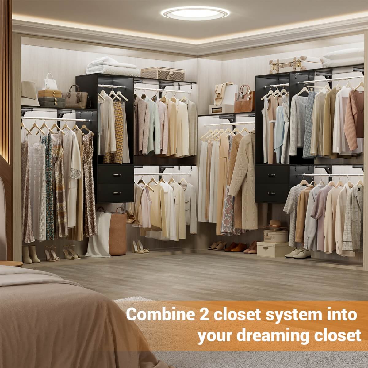 20" - 96" Wall Mounted Closet System with 2 Drawers, 3 Shelf Towers, and 4 Hanging Rods