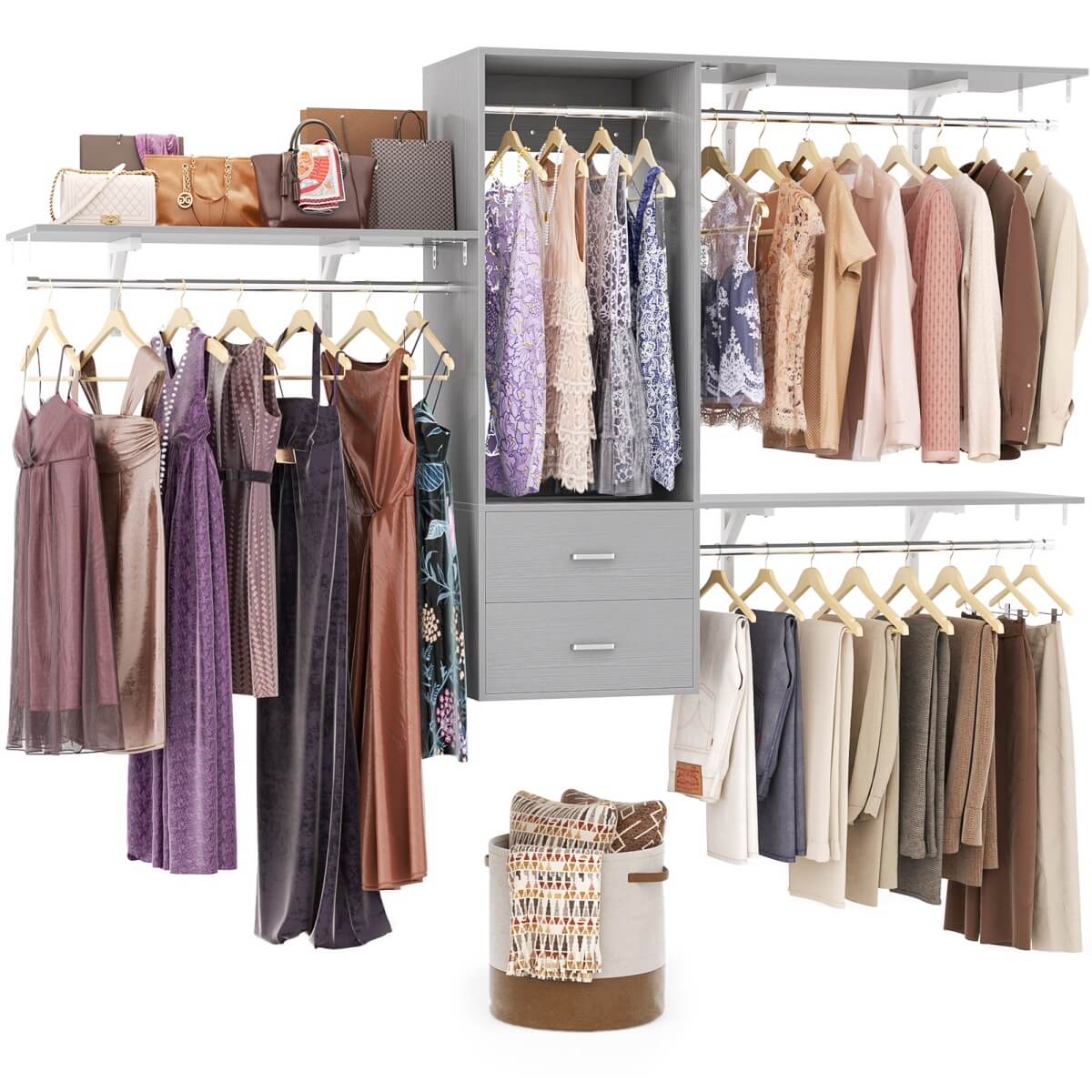 20" - 96" Wall Mounted Closet System with 2 Drawers, 3 Shelf Towers, and 4 Hanging Rods