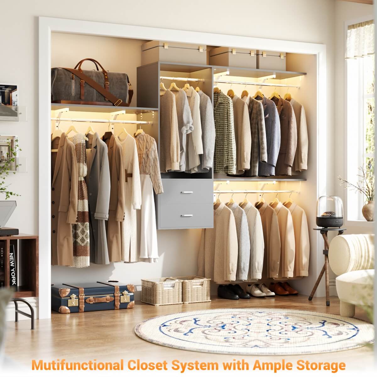 20" - 96" Wall Mounted Closet System with 2 Drawers, 3 Shelf Towers, and 4 Hanging Rods