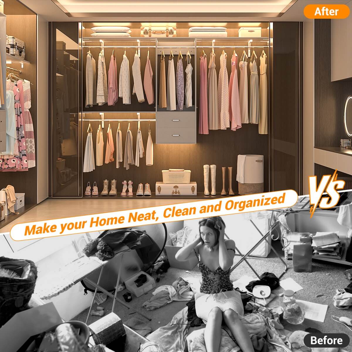 20" - 96" Wall Mounted Closet System with 2 Drawers, 3 Shelf Towers, and 4 Hanging Rods