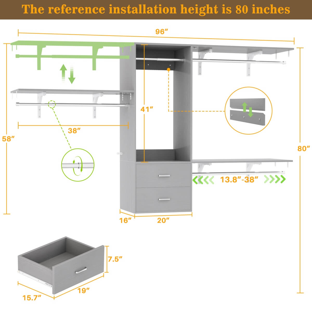 20" - 96" Wall Mounted Closet System with 2 Drawers, 3 Shelf Towers, and 4 Hanging Rods