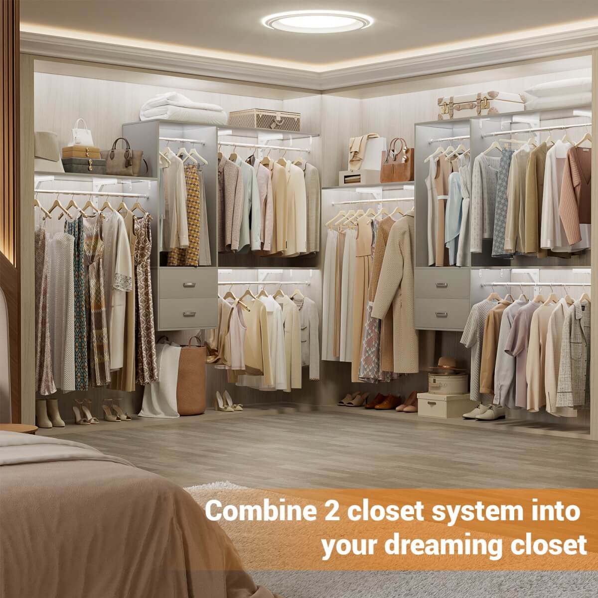 20" - 96" Wall Mounted Closet System with 2 Drawers, 3 Shelf Towers, and 4 Hanging Rods