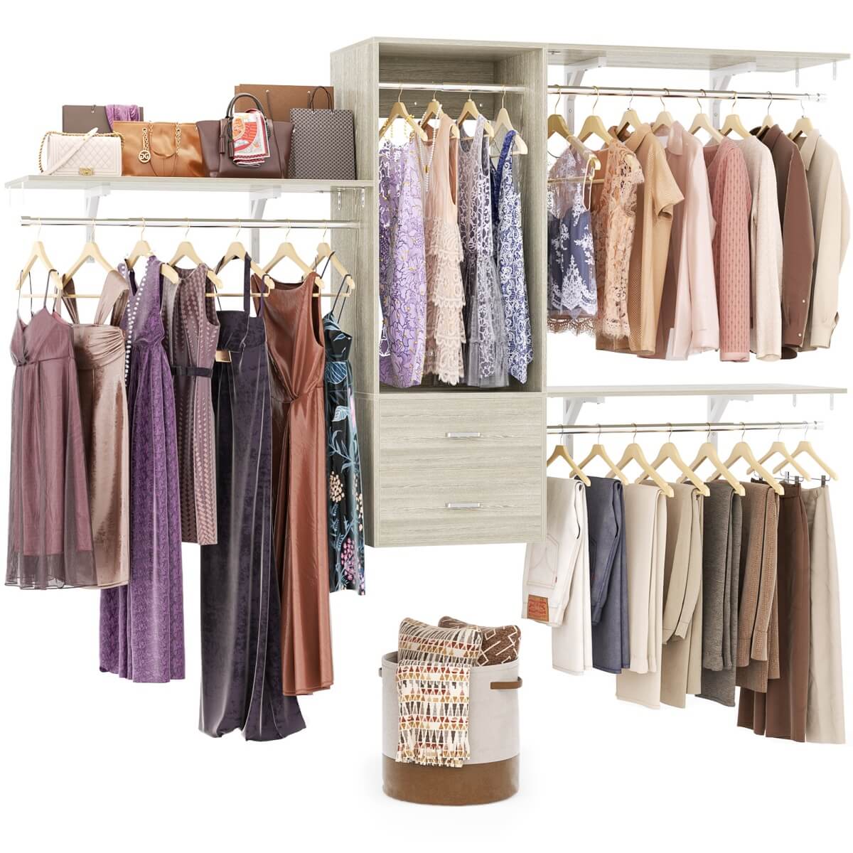 20" - 96" Wall Mounted Closet System with 2 Drawers, 3 Shelf Towers, and 4 Hanging Rods