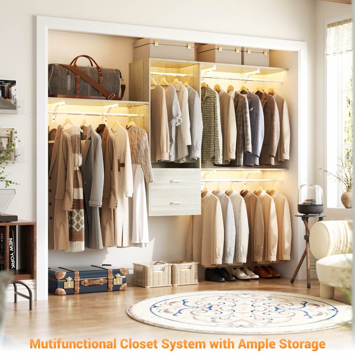 20" - 96" Wall Mounted Closet System with 2 Drawers, 3 Shelf Towers, and 4 Hanging Rods