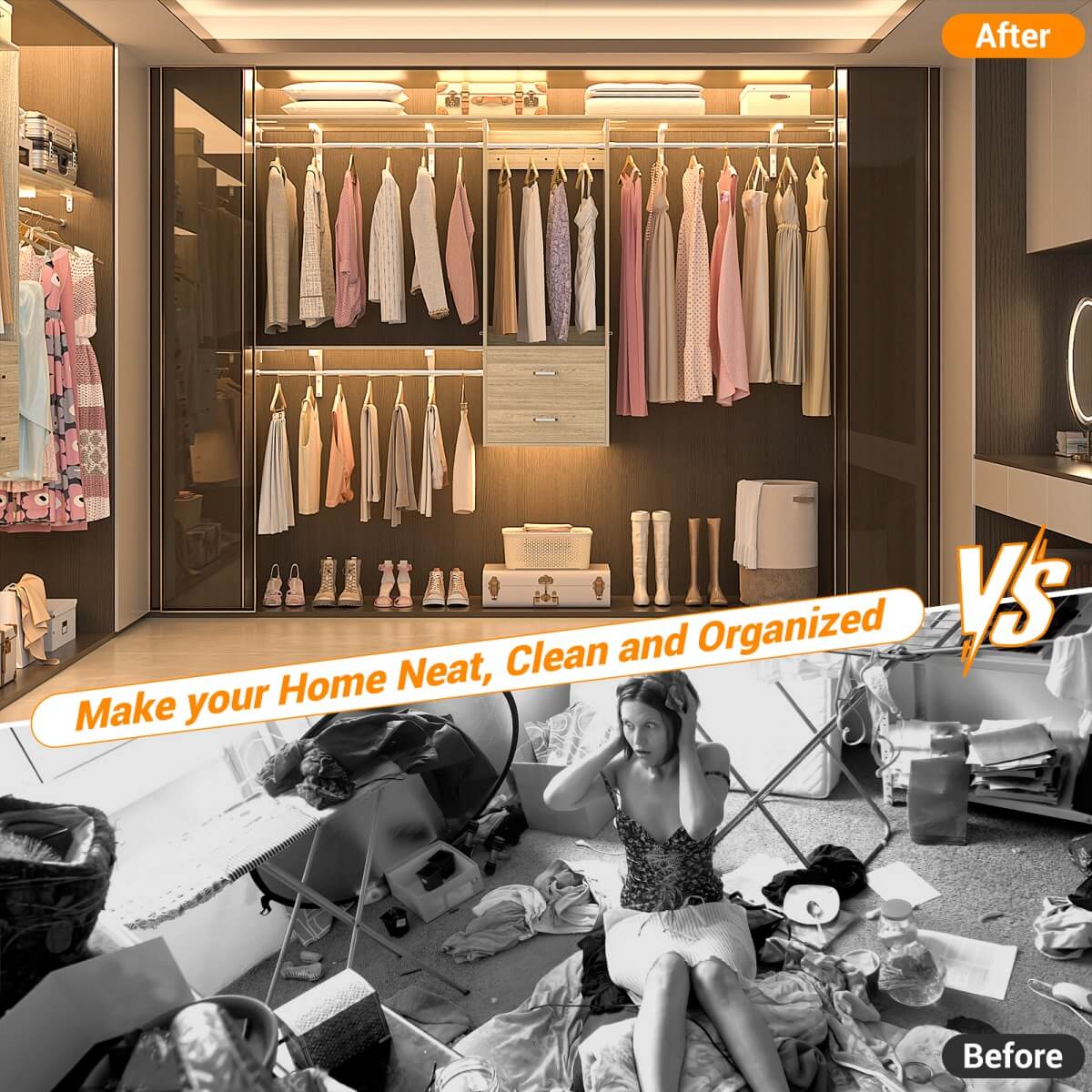 20" - 96" Wall Mounted Closet System with 2 Drawers, 3 Shelf Towers, and 4 Hanging Rods