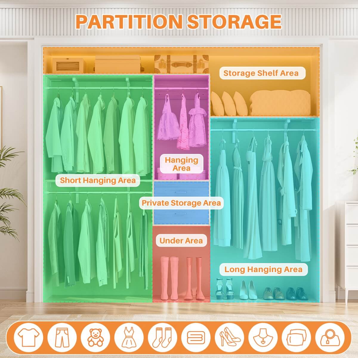 20" - 96" Wall Mounted Closet System with 2 Drawers, 3 Shelf Towers, and 4 Hanging Rods