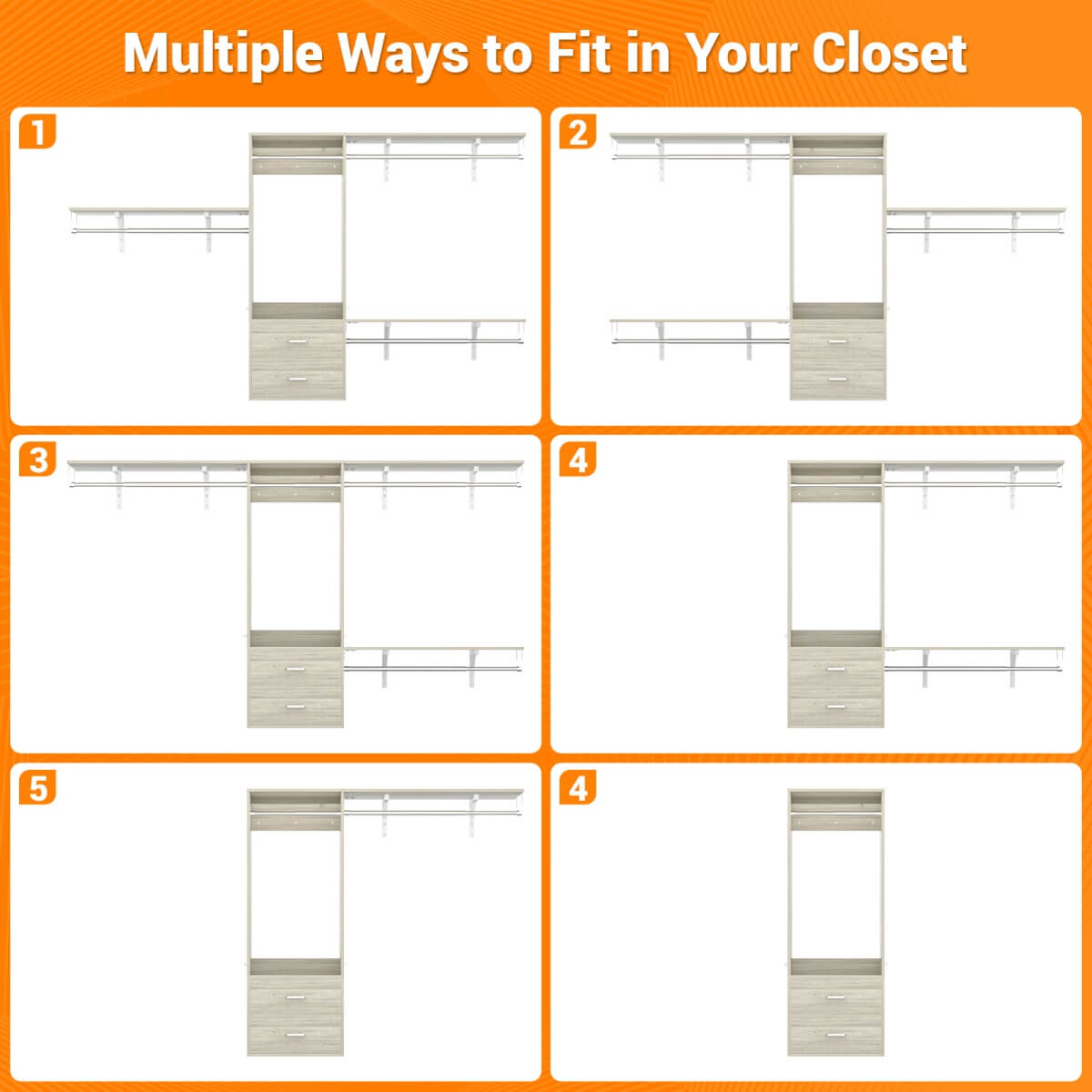 20" - 96" Wall Mounted Closet System with 2 Drawers, 3 Shelf Towers, and 4 Hanging Rods