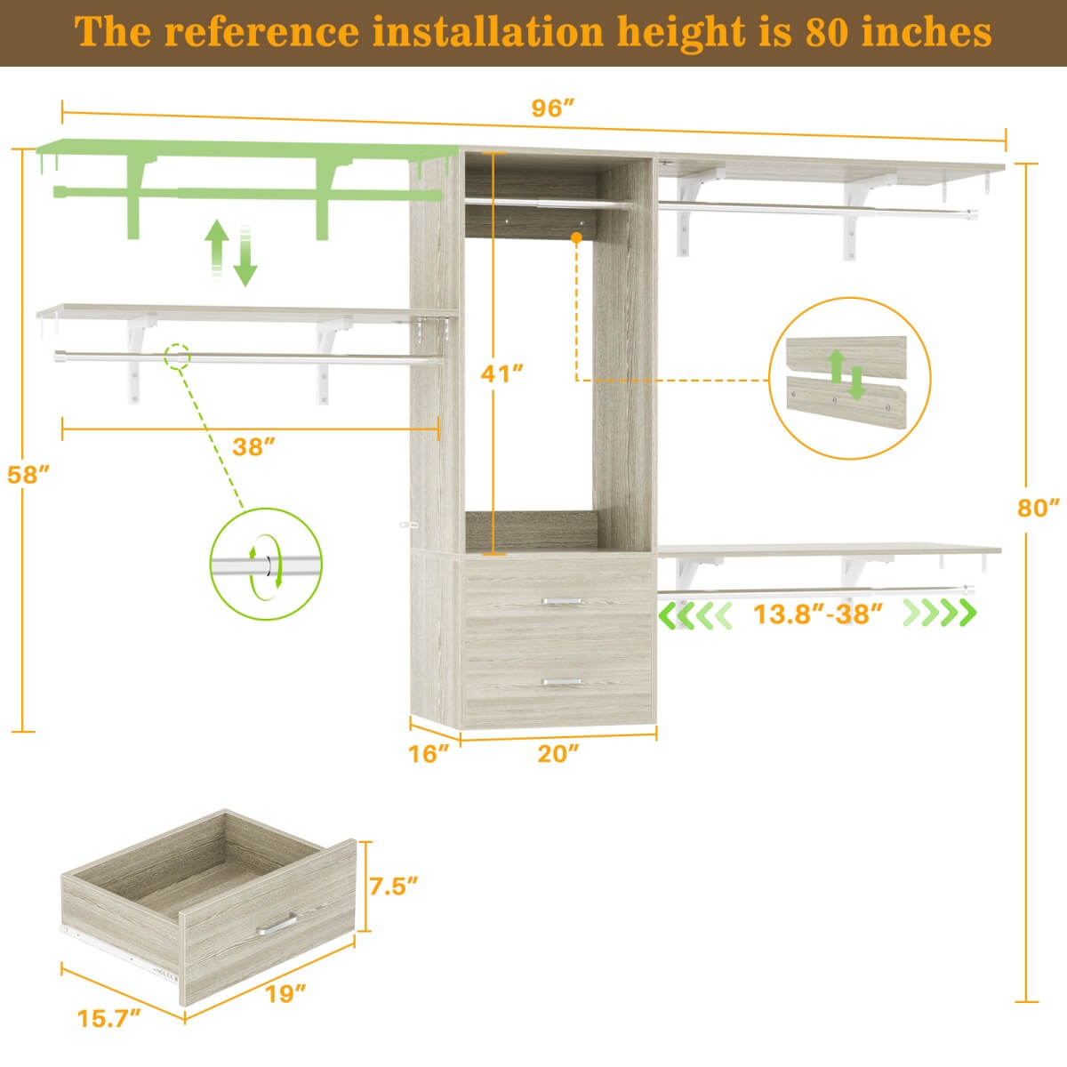 20" - 96" Wall Mounted Closet System with 2 Drawers, 3 Shelf Towers, and 4 Hanging Rods