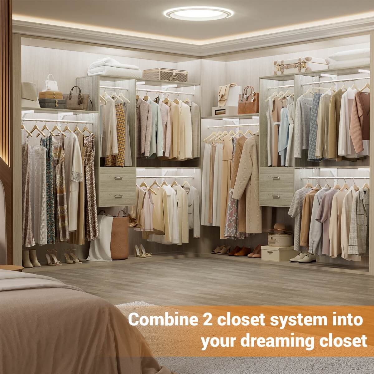 20" - 96" Wall Mounted Closet System with 2 Drawers, 3 Shelf Towers, and 4 Hanging Rods