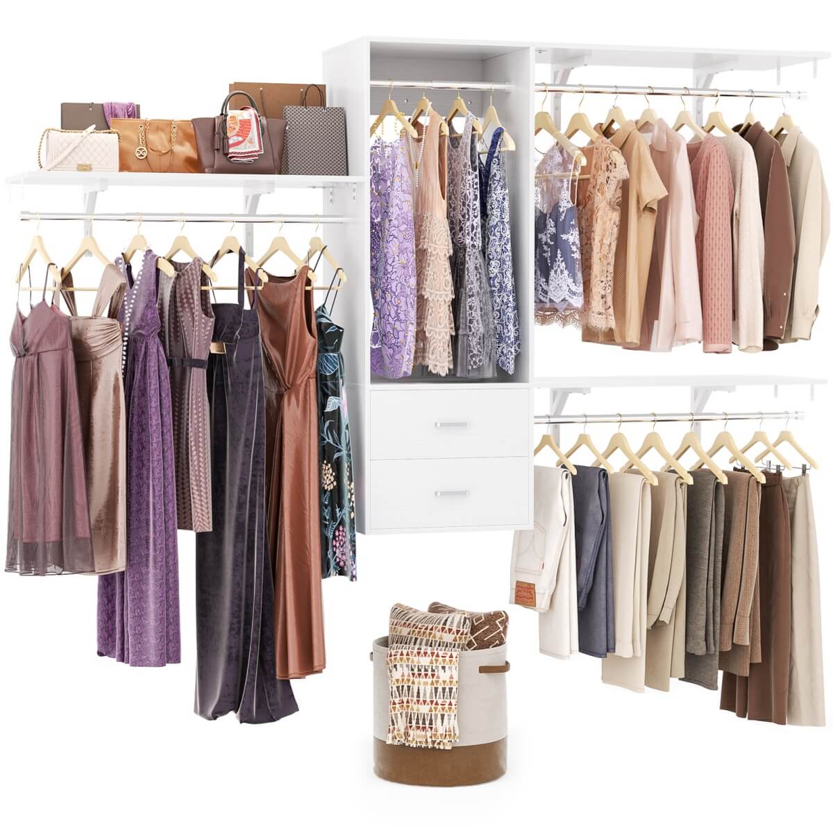 20" - 96" Wall Mounted Closet System with 2 Drawers, 3 Shelf Towers, and 4 Hanging Rods