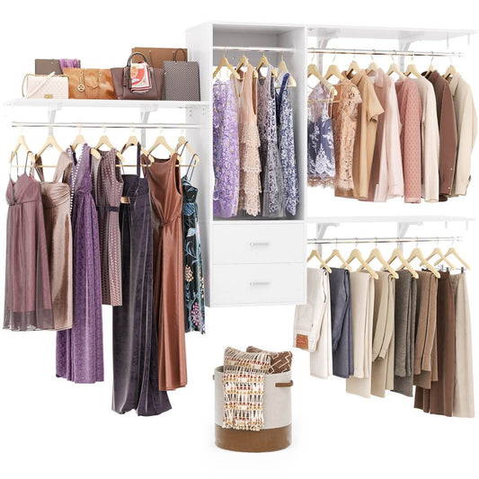 20" - 96" Wall Mounted Closet System with 2 Drawers, 3 Shelf Towers, and 4 Hanging Rods