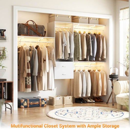 20" - 96" Wall Mounted Closet System with 2 Drawers, 3 Shelf Towers, and 4 Hanging Rods