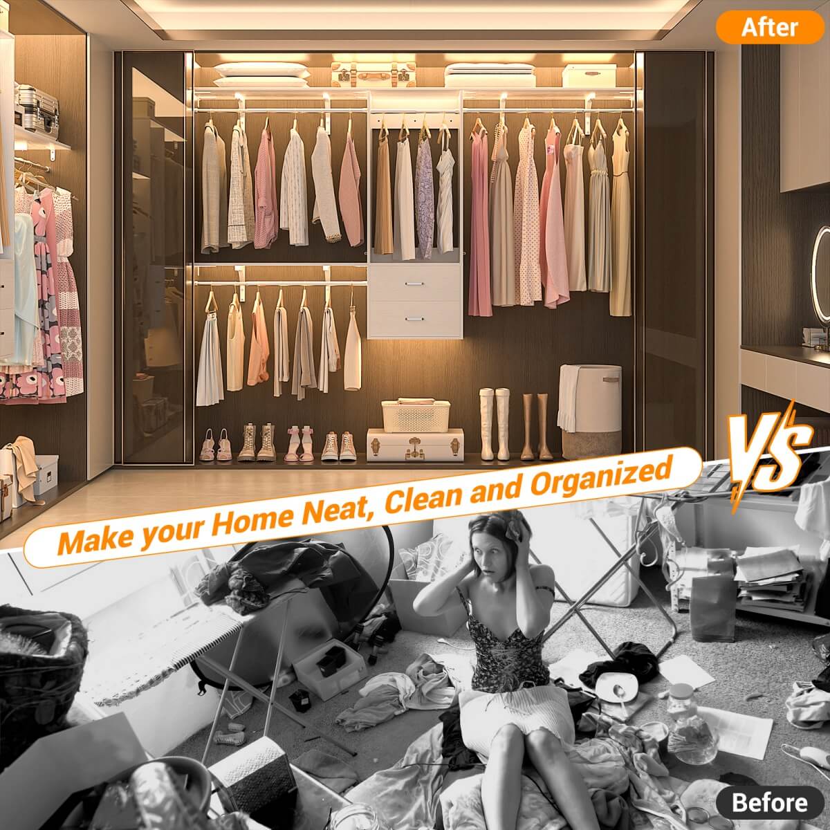 20" - 96" Wall Mounted Closet System with 2 Drawers, 3 Shelf Towers, and 4 Hanging Rods