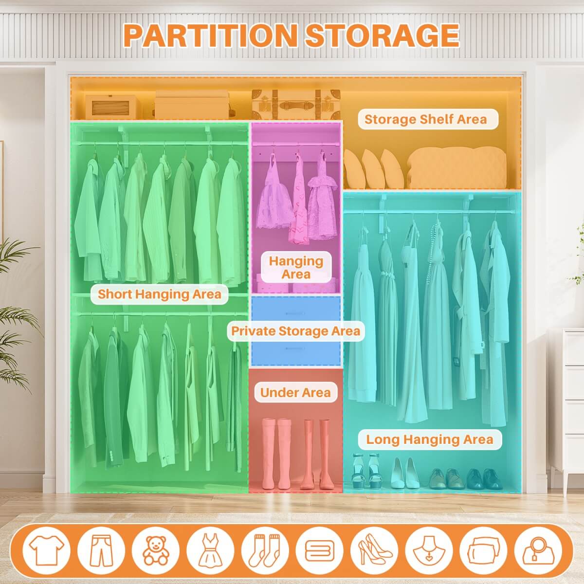 20" - 96" Wall Mounted Closet System with 2 Drawers, 3 Shelf Towers, and 4 Hanging Rods