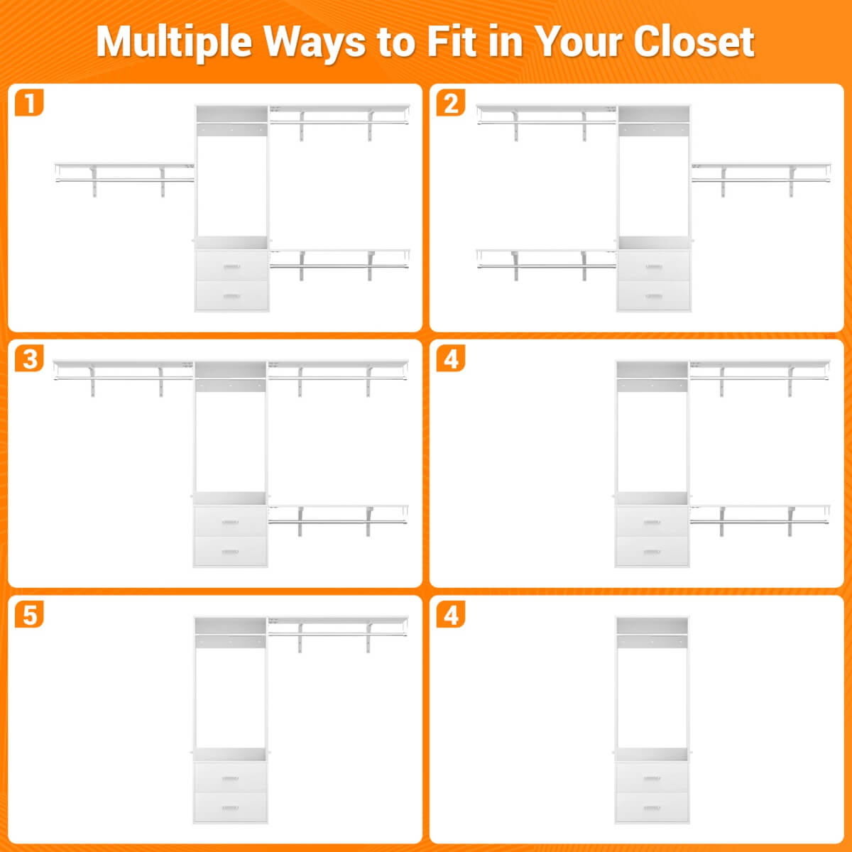 20" - 96" Wall Mounted Closet System with 2 Drawers, 3 Shelf Towers, and 4 Hanging Rods