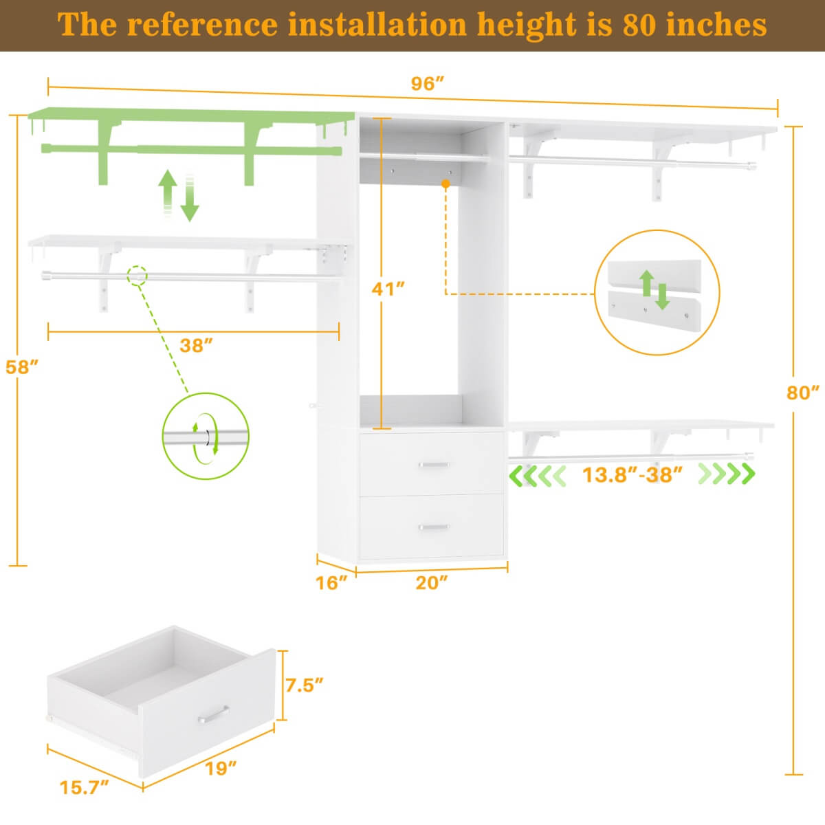 20" - 96" Wall Mounted Closet System with 2 Drawers, 3 Shelf Towers, and 4 Hanging Rods
