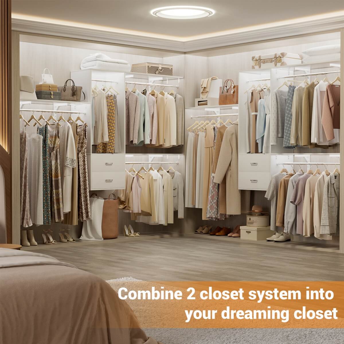 20" - 96" Wall Mounted Closet System with 2 Drawers, 3 Shelf Towers, and 4 Hanging Rods