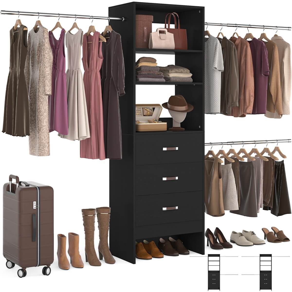 96'' Closet Organizer System with 3 Wooden Drawers and Hanging Rods