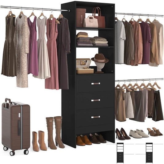 96'' Closet Organizer System with 3 Wooden Drawers and Hanging Rods