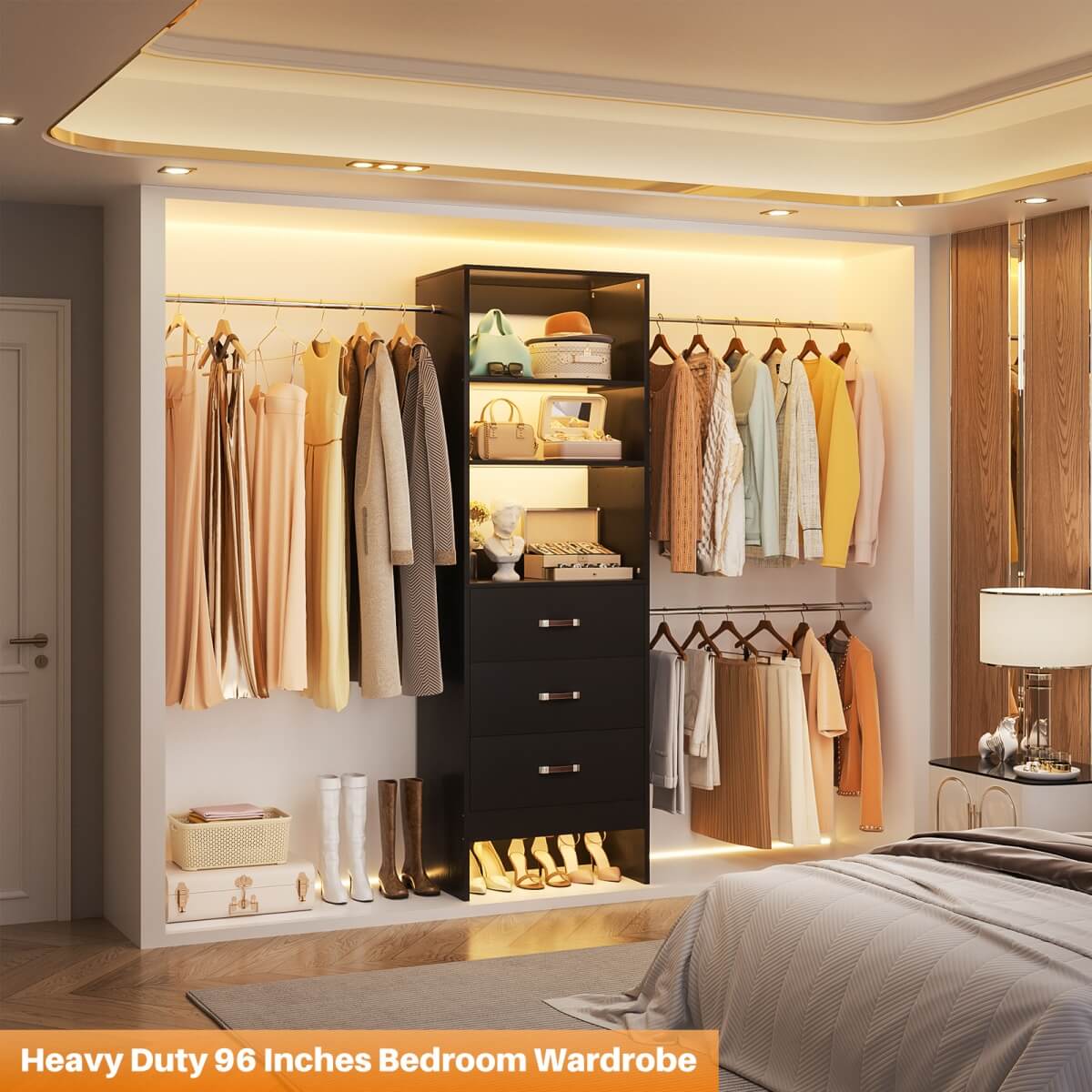 96'' Closet Organizer System with 3 Wooden Drawers and Hanging Rods
