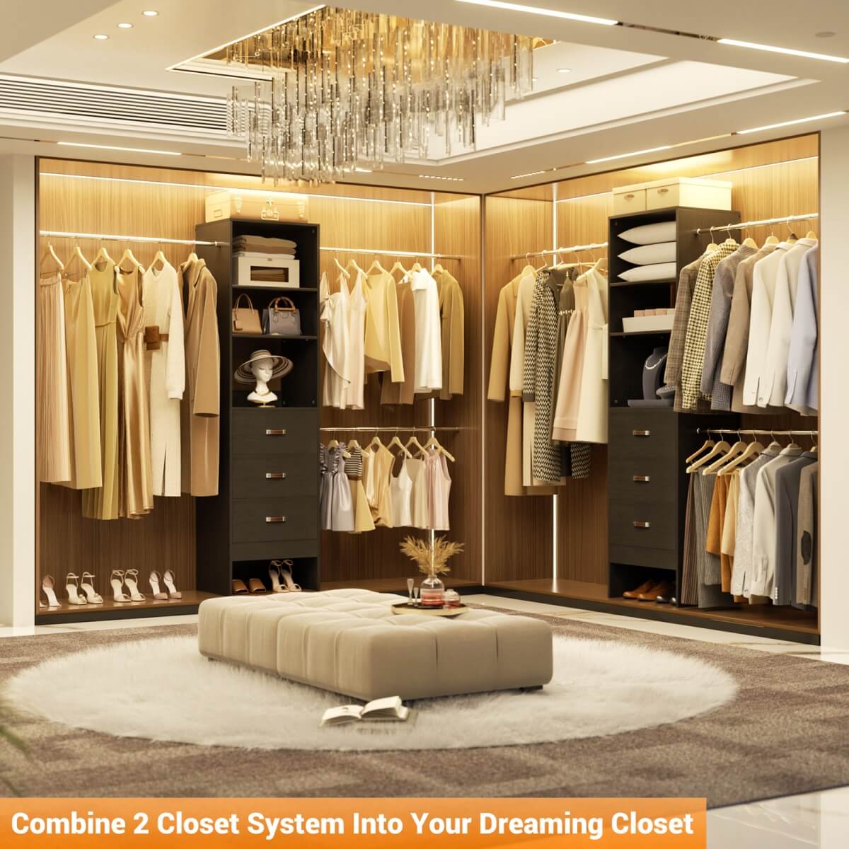 96'' Closet Organizer System with 3 Wooden Drawers and Hanging Rods