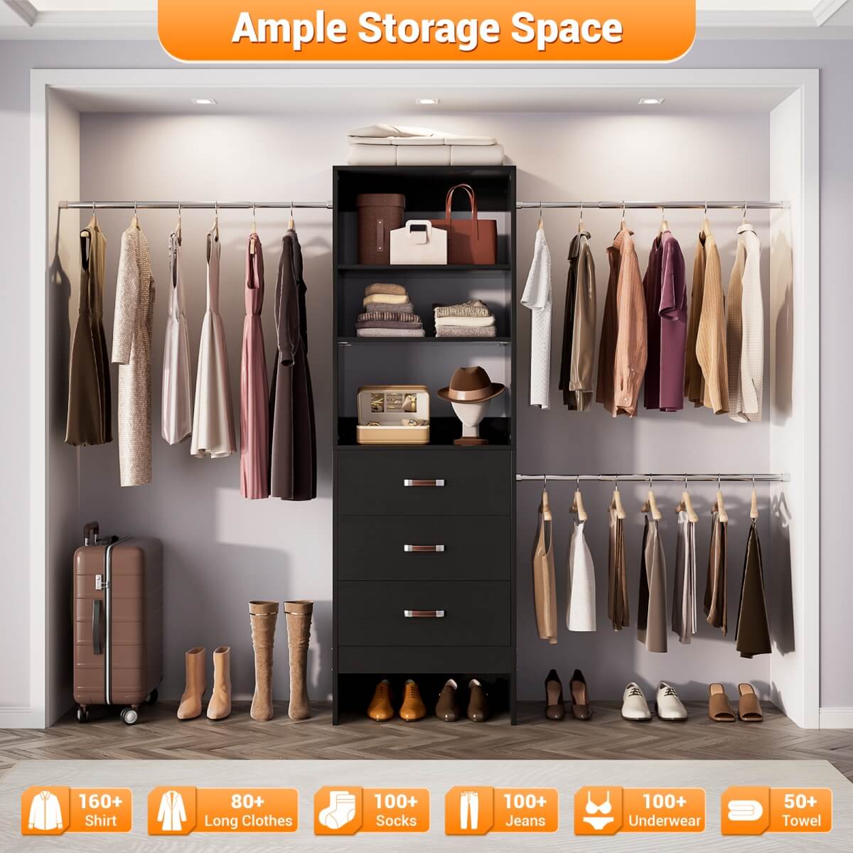 96'' Closet Organizer System with 3 Wooden Drawers and Hanging Rods