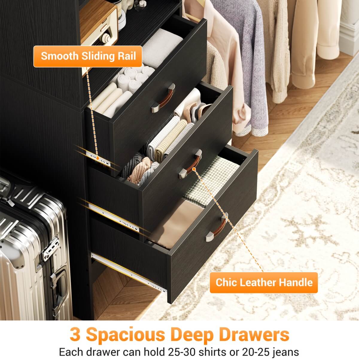 96'' Closet Organizer System with 3 Wooden Drawers and Hanging Rods
