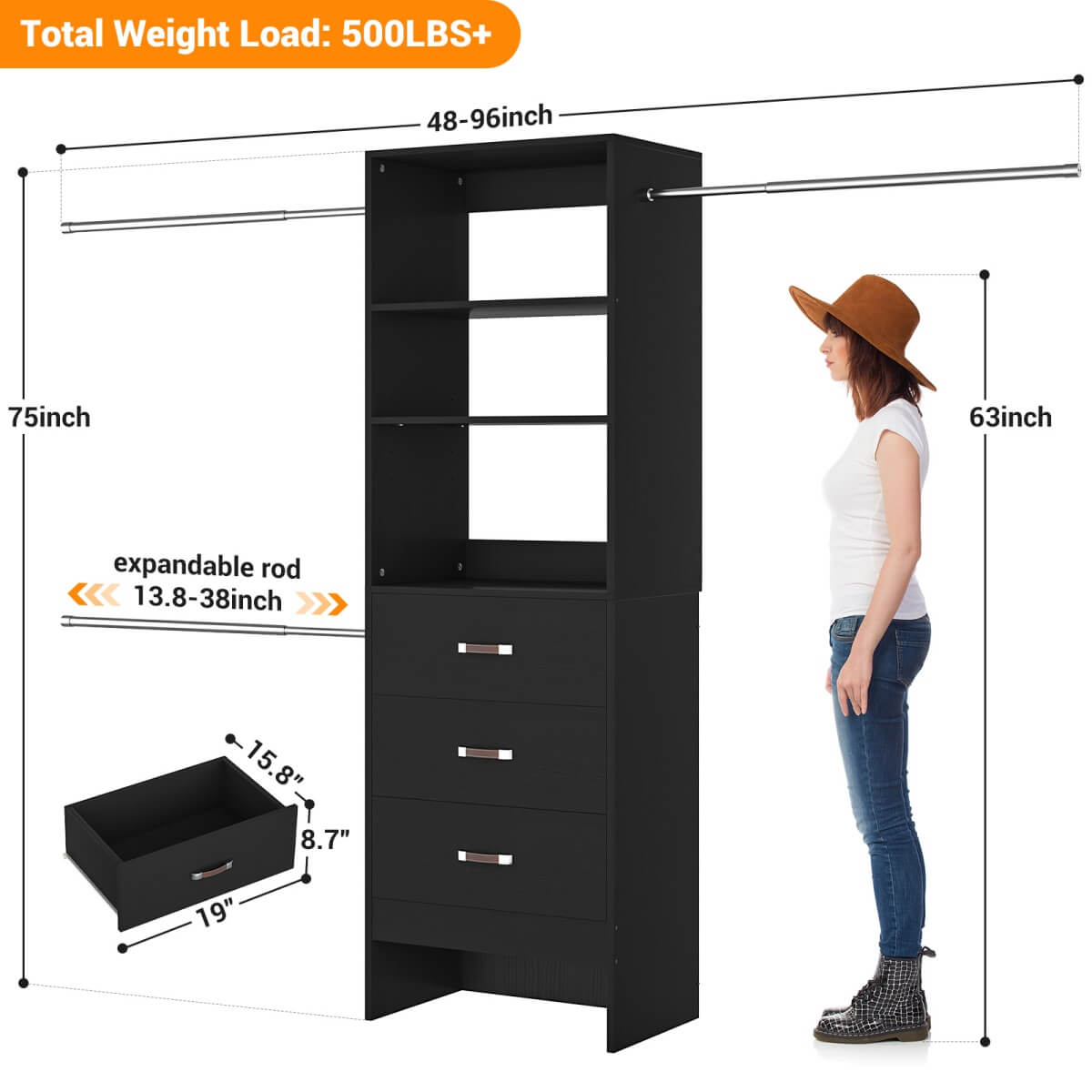 96'' Closet Organizer System with 3 Wooden Drawers and Hanging Rods
