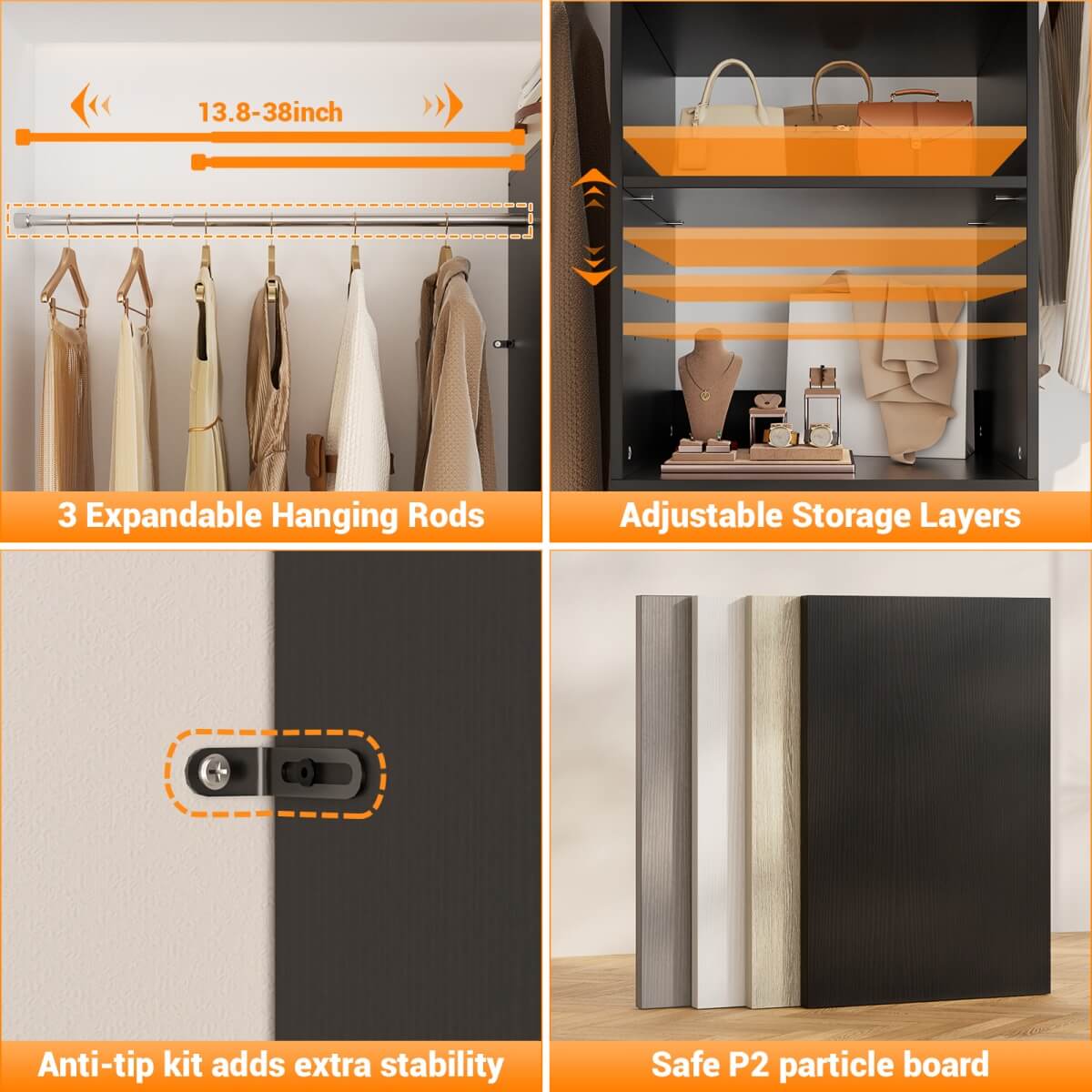 96'' Closet Organizer System with 3 Wooden Drawers and Hanging Rods