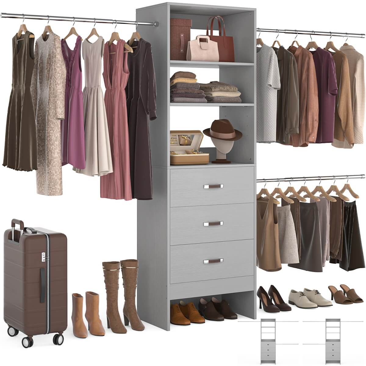 96'' Closet Organizer System with 3 Wooden Drawers and Hanging Rods
