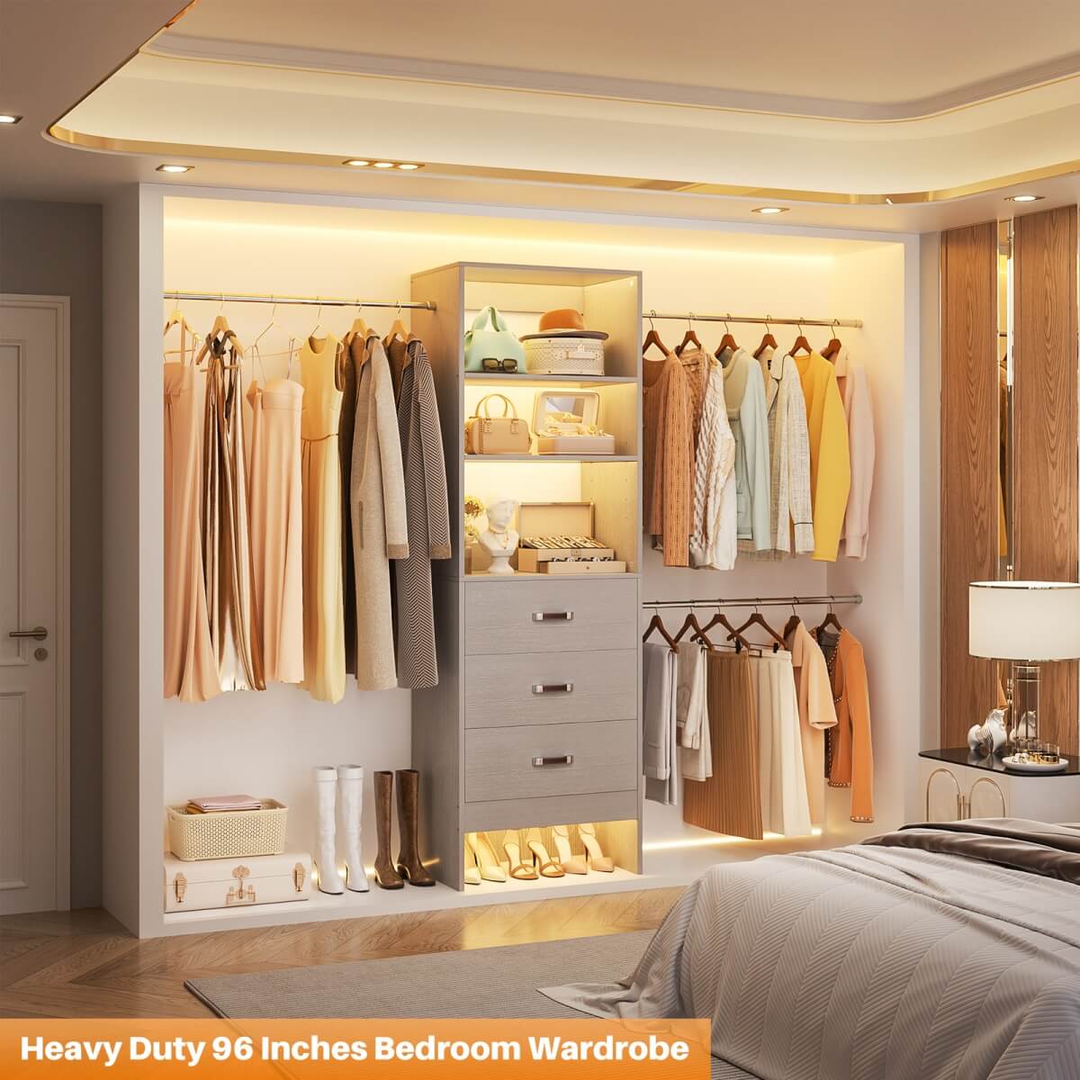 96'' Closet Organizer System with 3 Wooden Drawers and Hanging Rods