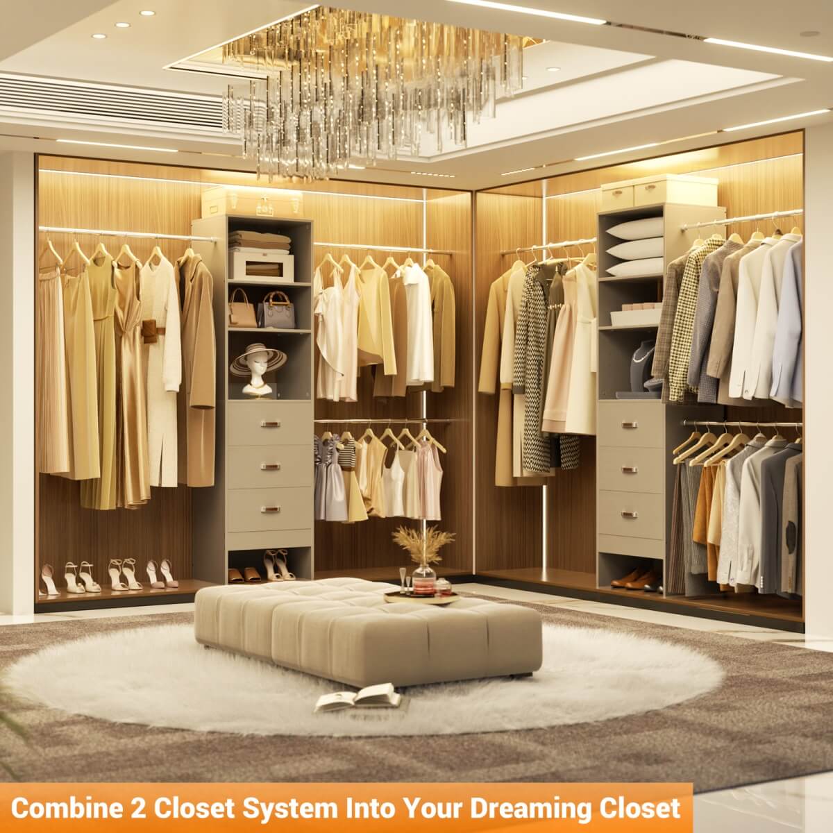 96'' Closet Organizer System with 3 Wooden Drawers and Hanging Rods