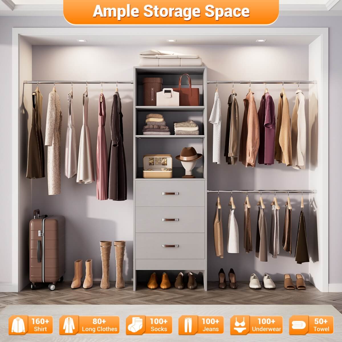 96'' Closet Organizer System with 3 Wooden Drawers and Hanging Rods