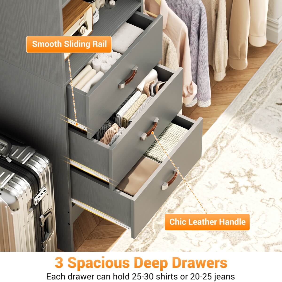 96'' Closet Organizer System with 3 Wooden Drawers and Hanging Rods