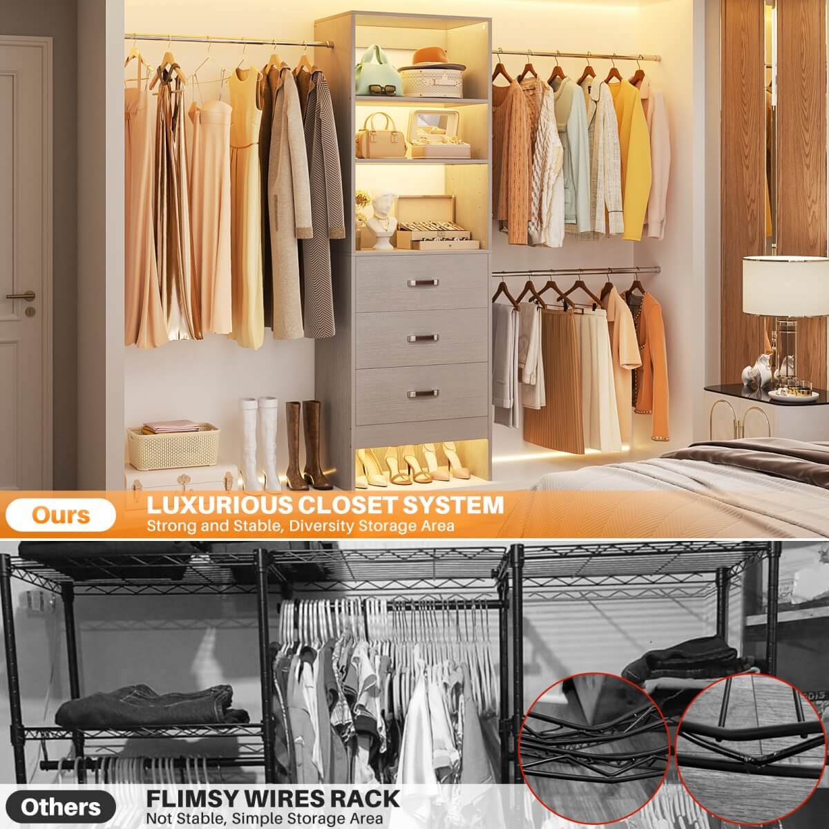 96'' Closet Organizer System with 3 Wooden Drawers and Hanging Rods
